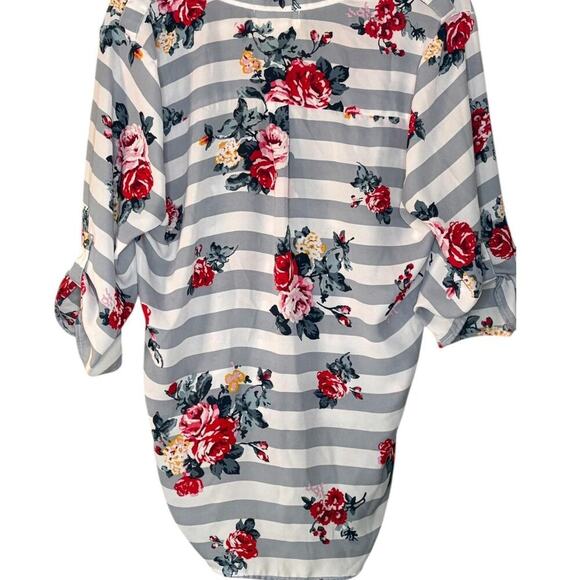 Wishful Park Gray/White Striped Floral Blouse Cottage Core Zipper Details - Picture 2 of 7